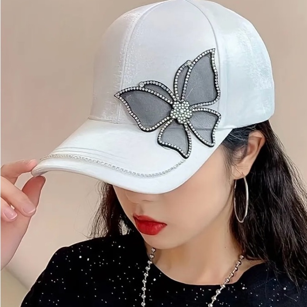 White Rhinestone & Butterfly Decor Baseball Cap - Picture 9 of 10